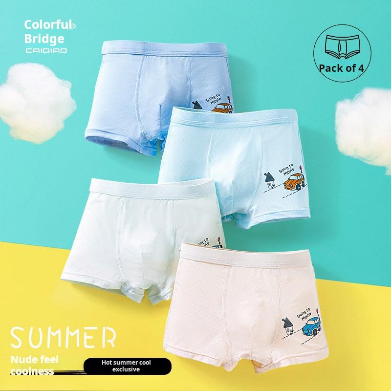 Children's Underwear, Boys' Modal Flat Corner Non Clip PP Summer Ice Silk Mesh Breathable Medium and Large Children's Four Corner Shorts