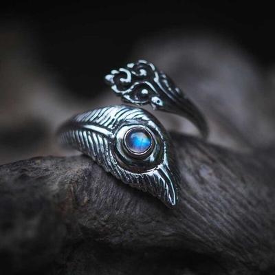 S925 Vintage Thai Silber Mondstein Öffnung Feder Ring Party Geschenk Schmuck Ring Großhandel
