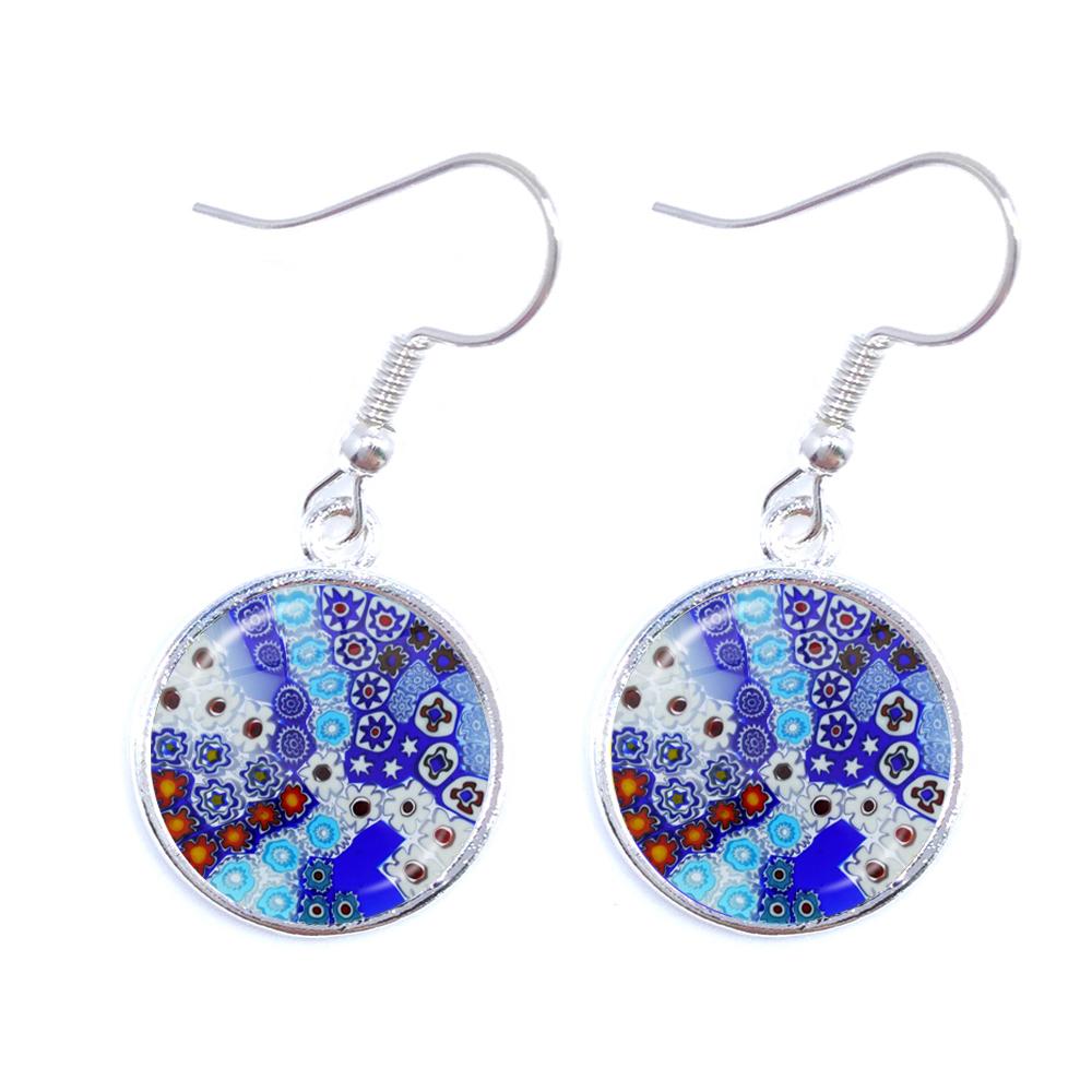 Murano Millefiori Drop Earrings MultiColour Flower 16mm Glass Cabochon Earring Jewelry For Women Girls Gift