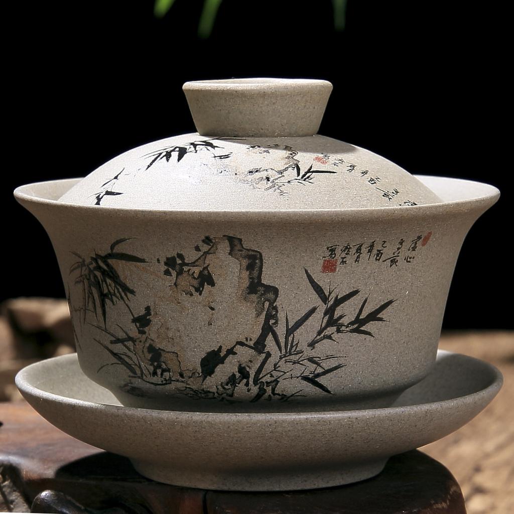 Chinese Kung Fu Tea Tureen Pottery Clay Cover Bowl Classical Gaiwan Traditional Handmade Tea Set Cup