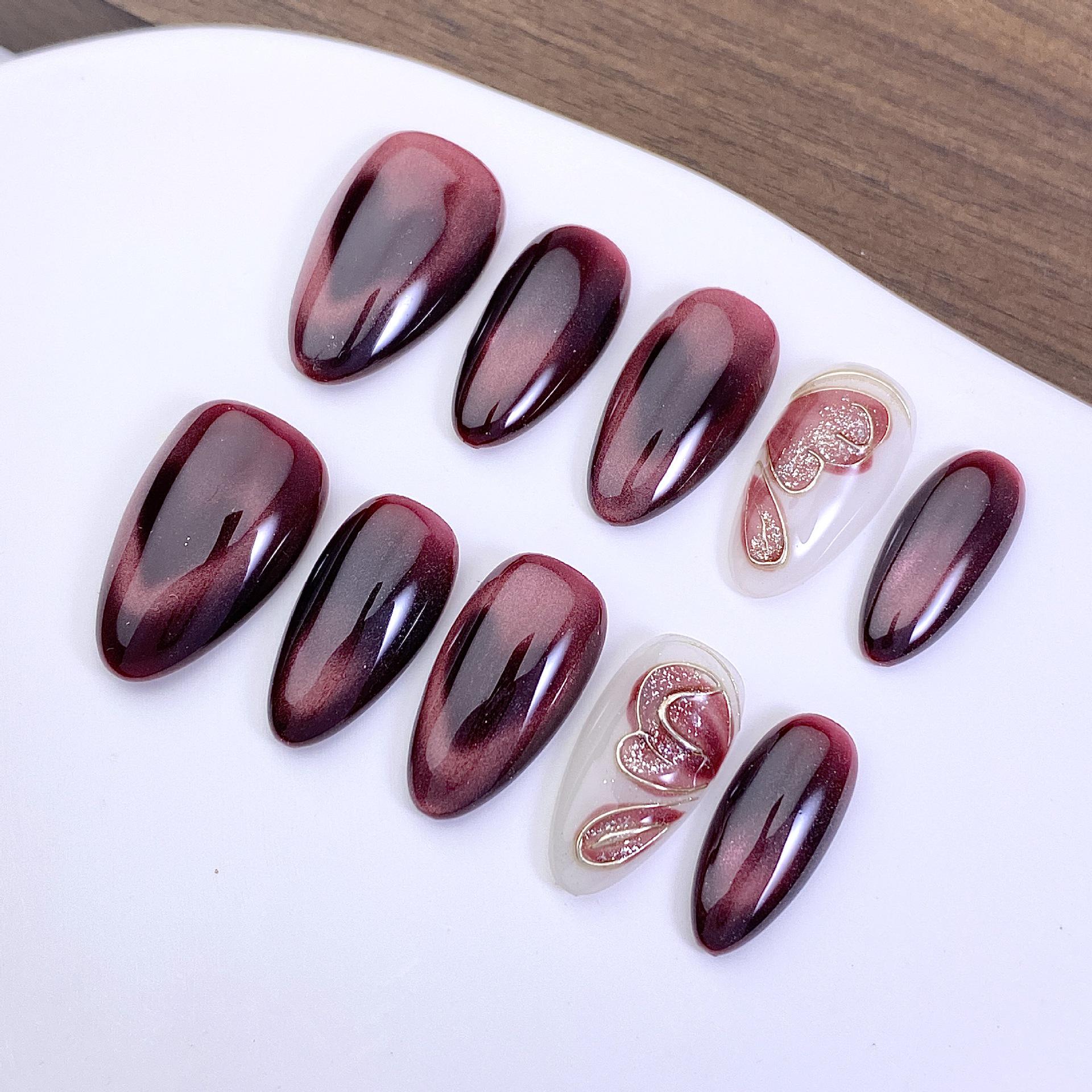 

Almond Love Heart Cat Eye Hand-painted Butterfly Wearable Nails - Removable and Whitening False Nail Art Pieces Medium