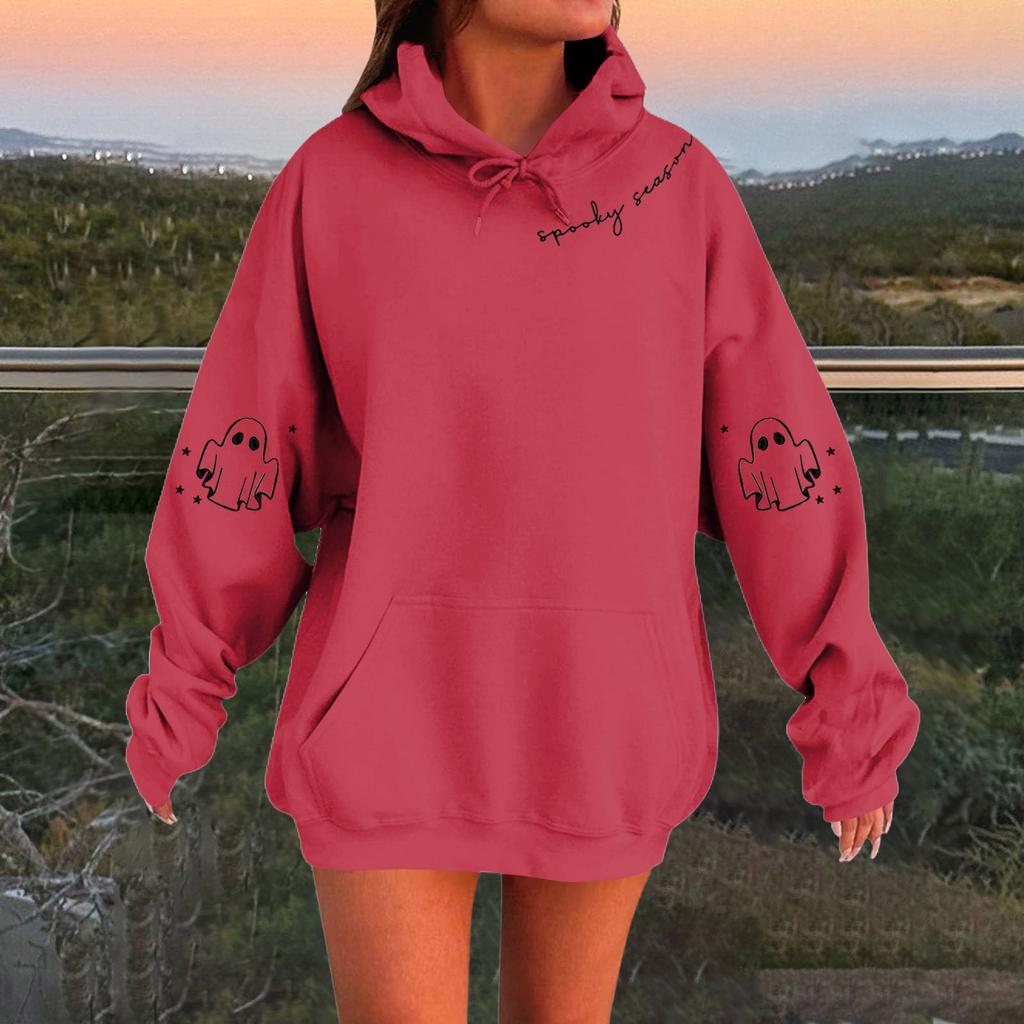Women's Solid Color Long Sleeve Casual Halloween Print Pullover Hooded Sweatshirt