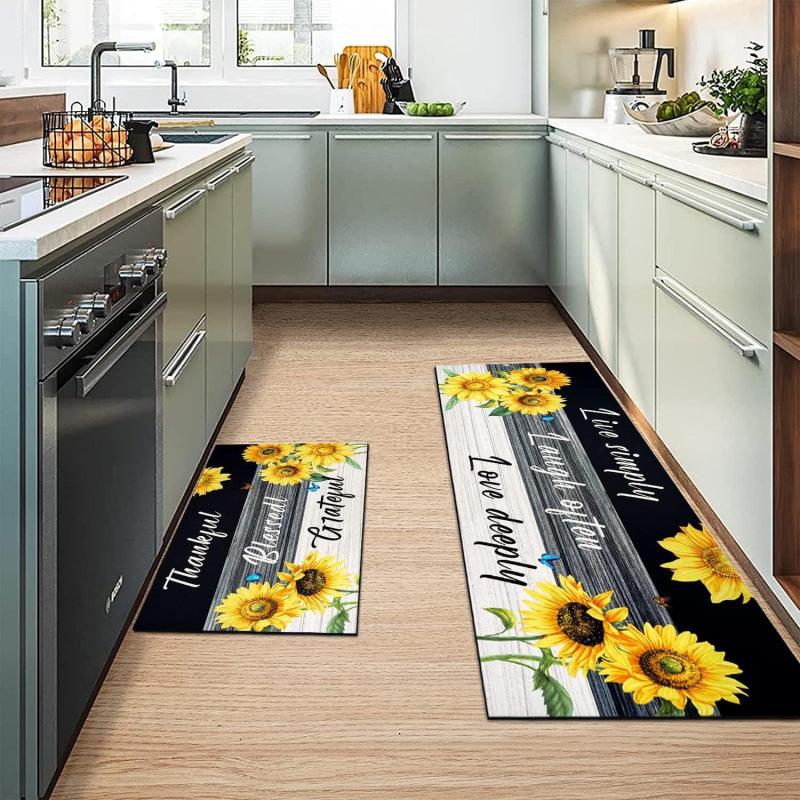 2PC Country Sunshine Sunflower Oil Painting Kitchen Mat Non Slip Oil Proof Runner Rug Cozy Living Room Bedroom Decor