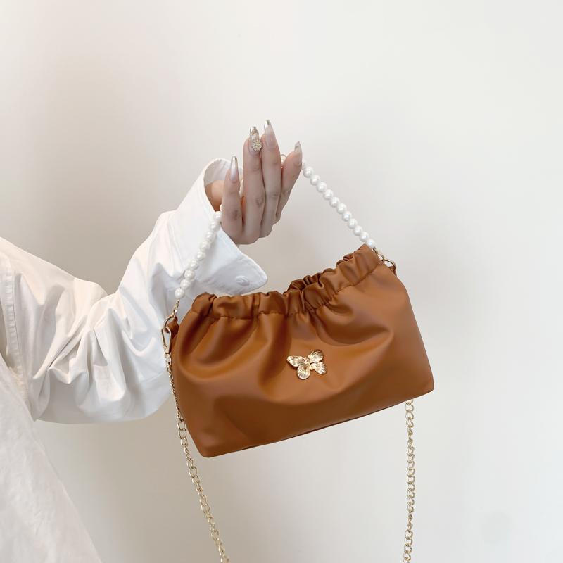 Women PU Butterfly Handbag Fashion Shoulder Bag Pearl & Chain Strap Simple Crossbody Bag Large Capacity for Outdoor Travel