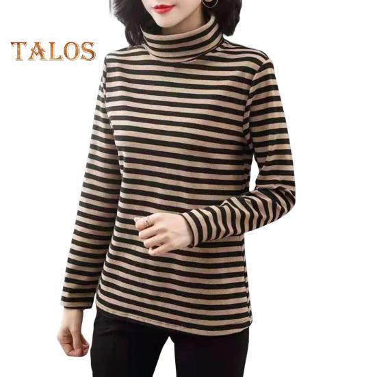 

Женские топы с высоким воротником и длинным рукавом, с утолщенной бархатной подкладкой, с пуловером, с полосатым принтом, футболки 3XL хаки