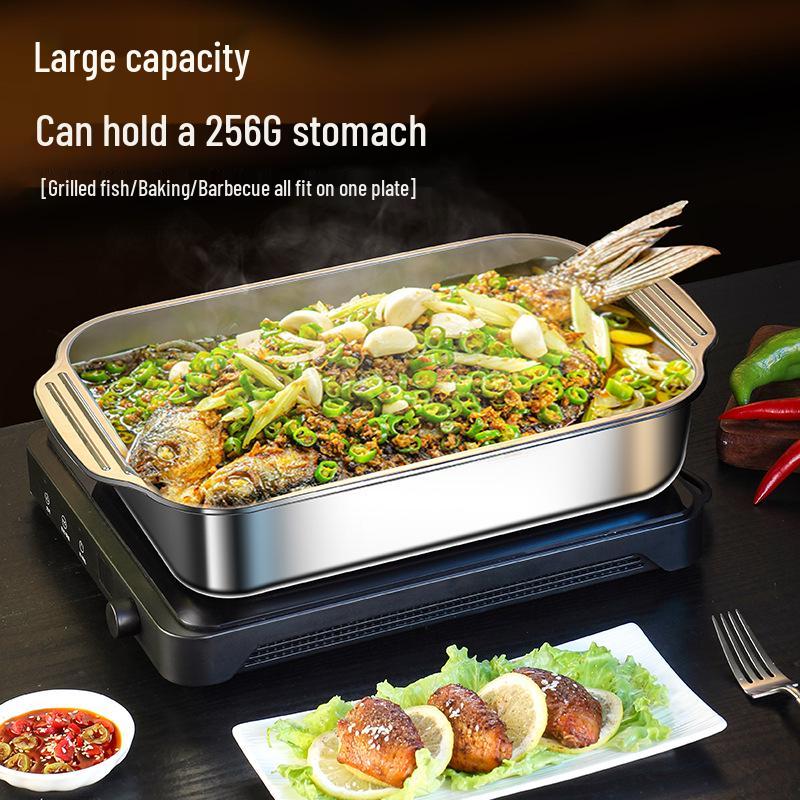 Thickened Deepened Rectangular Non-stick Stainless Steel Grilled Fish Pan with Lid Flat Bottom 41x24x7.5