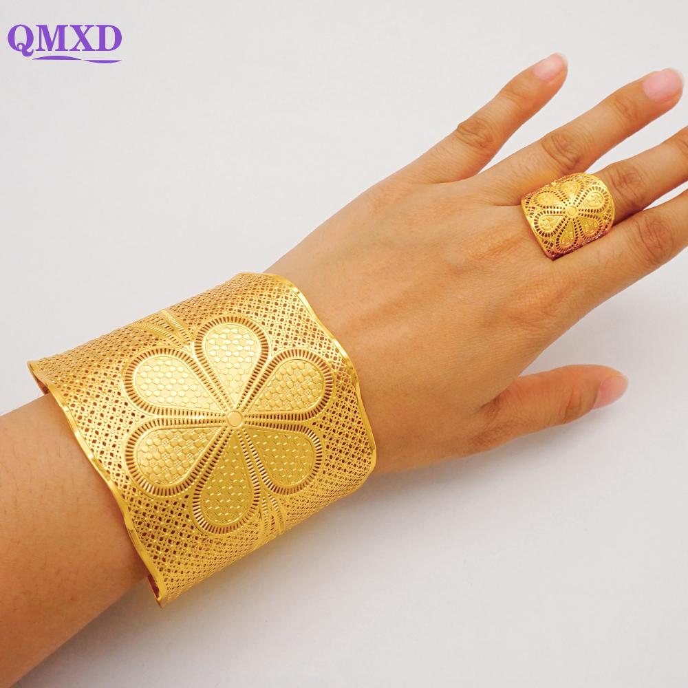 Dubai Gold Color Bangle With Ring For Women Charm Chain Cuff Bracelet Indian Bracelet Arabic France Bridal Wedding Jewelry Gifts