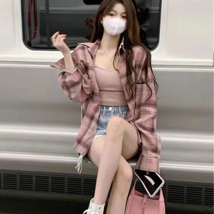 

Spring and Autumn New Pink Plaid Long Sleeve Shirt Women s Retro Design Power Style Wear Medium and Long Jacket Top S