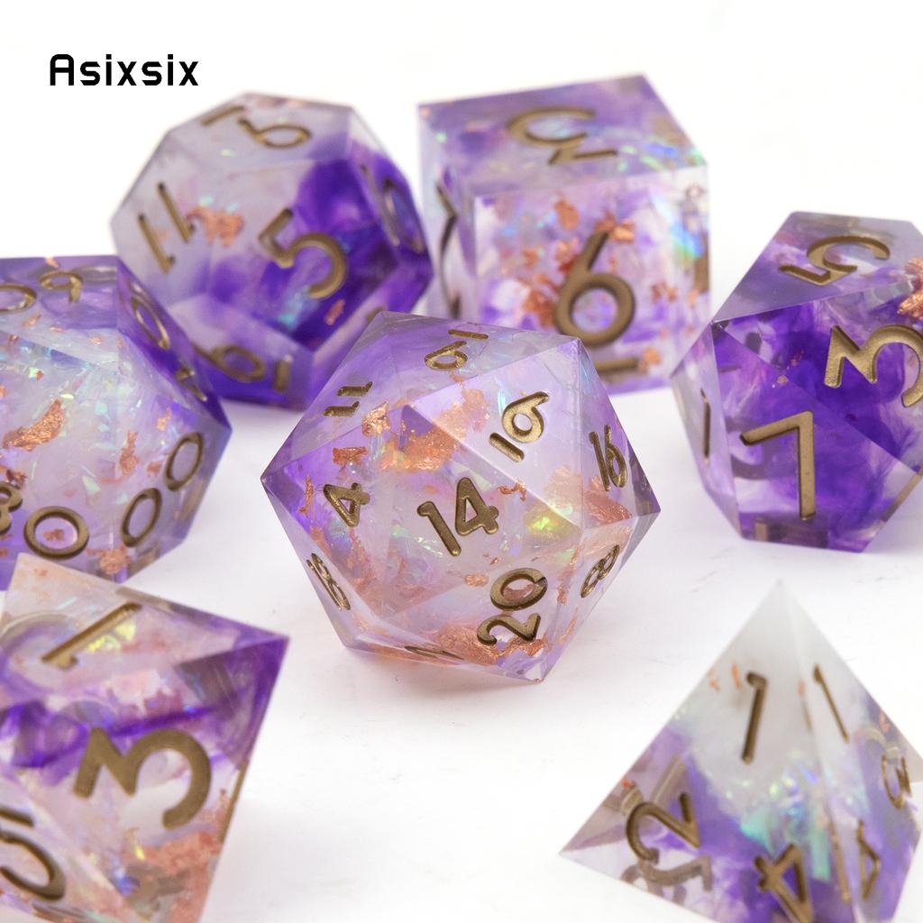 7 Pcs Purple White Resin Golden Number Sharp Edge Dice Polyhedral Dice Suitable for Role-Playing RPG  Board Game