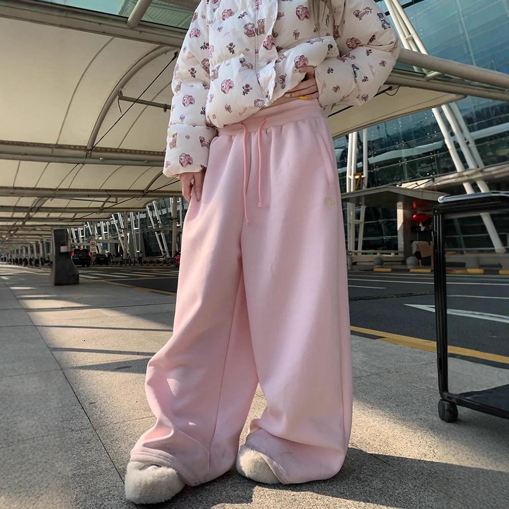 Pantaloni della tuta rosa da donna a gamba larga - Nuova collezione autunnale, Vita alta, Gamba dritta ampia, Vestibilità rilassata, Snellente, Abbigliamento casual