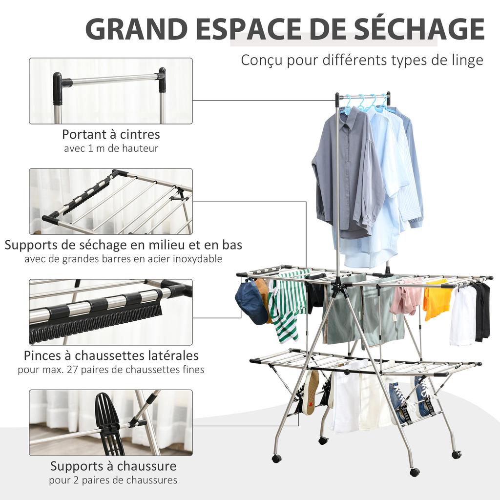 Clothes Airer Foldable Drying Rack with Wheels Large Drying Space Stainless Steel 138.5 x 63 x 208 cm