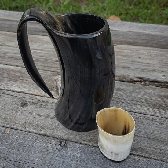 

Shape by Nature Authentic Drinking Horn Mug Shot Glass Combo Real Functional Large Bovine Horn Cup Set of 2 Natural Finish