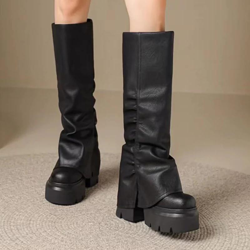 

Женские длинные сапоги на платформе, туфли на высоком каблуке, сапоги до колена, зимний тренд, мотоциклетные сапоги, кожаная обувь, женские ботинки челси 40