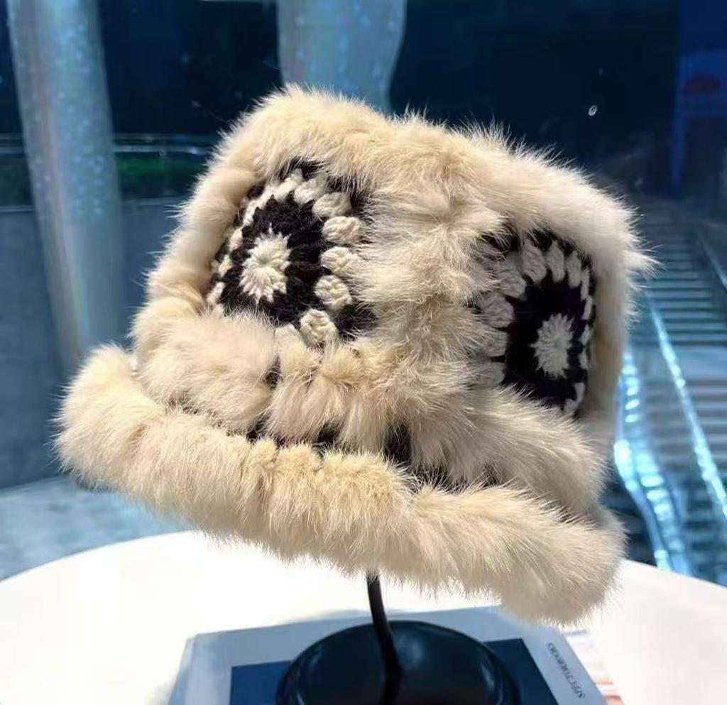Mao Mao Hat Real Mao Rabbit Plush Fur Hat Versatile Cold-proof Warm Wool Knitted Baotou Hat Women's Winter
