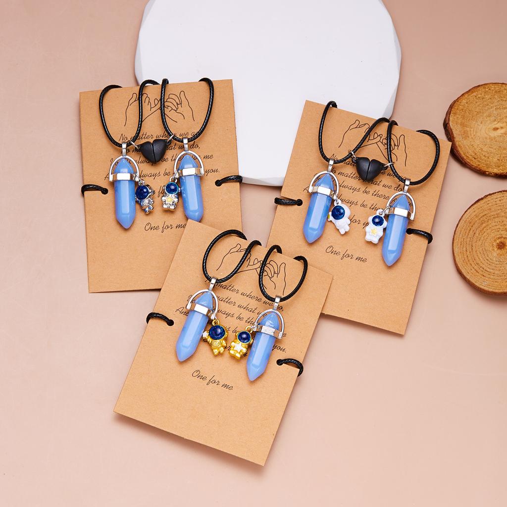 2PCS Luminous Hexagonal Column Couple Necklace for Women Men Astronaut Magnetic Heart Natural Stone Choker Lover Charm Jewelry