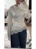 2026 Women's Solid Color Lace Long Sleeve Irregular Hem Blouse