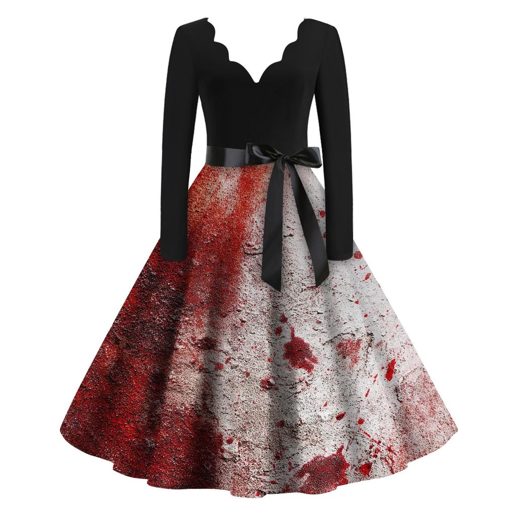 Women's Casual Fashion Halloween Printed V-Neck Vintage Dress