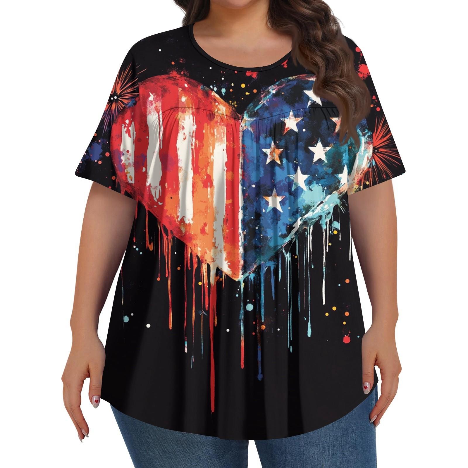 

Women s Fashion Plus-size Casual Short-sleeved Independence Day Print -neck Front Pleat Top XL Кіновар