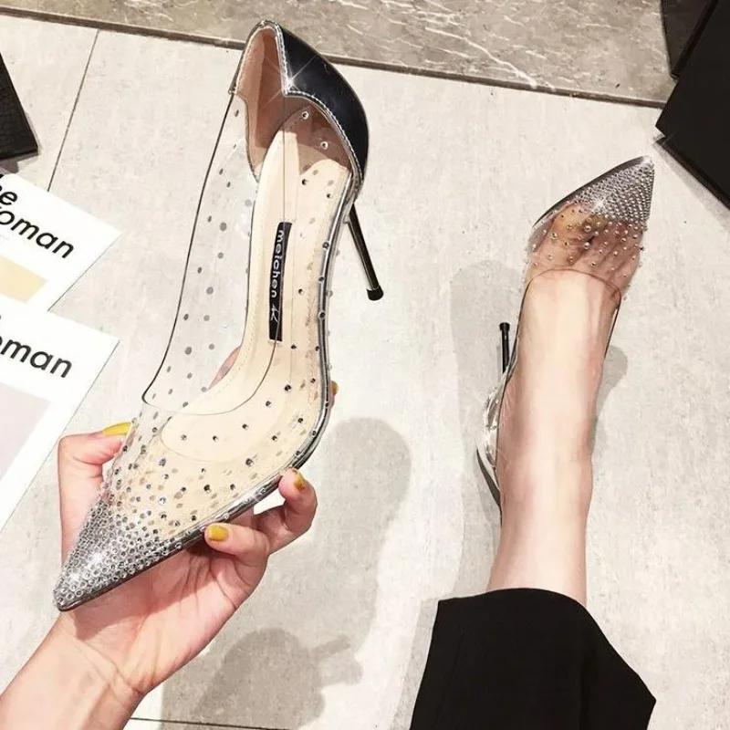 Fashion New Luxury Fairy Style Transparent High Heels Thin Heels Pointed Water Diamond Single Shoes Women's Crystal Wedding Shoes