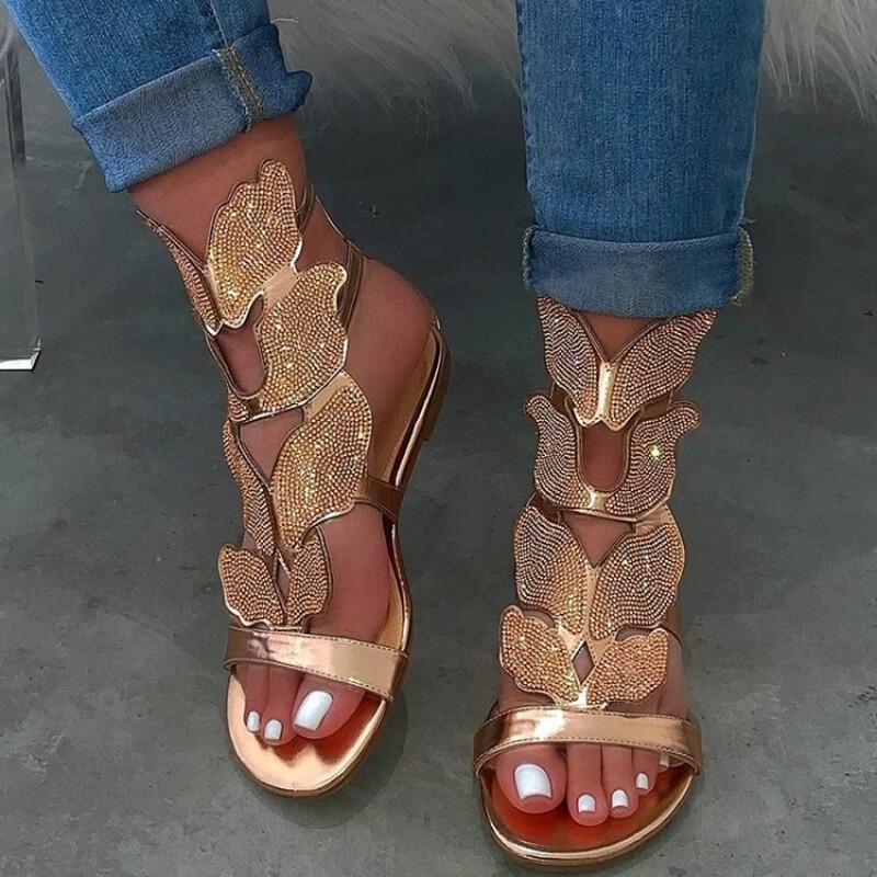 Hot Water Diamond Butterfly Women Shoes Woman's Summer New Flat Bottom Fashion Women's Outdoor Banquet Sandals Beach Slippers