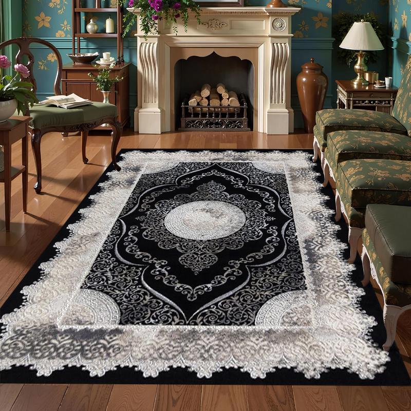 Luxurious Black White Mandala Carpet Exquisite Pattern Rug Living Room Bedroom Home Decoration Intricate Floral Border Design