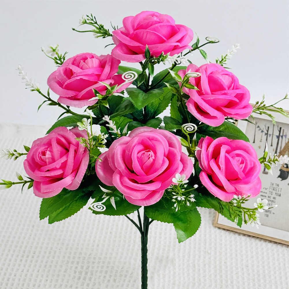 Curly Edge Red Rose Bouquet - 6 Head Artificial Silk Flowers for Living Room Decoration