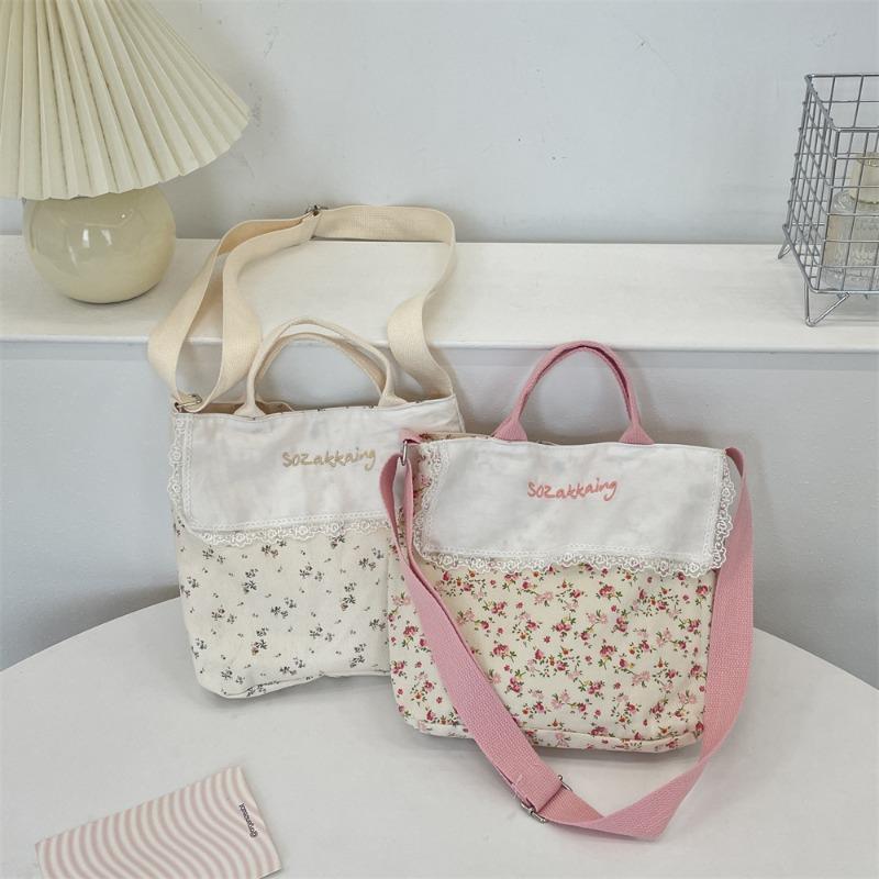 Spring and Summer Pastoral Splicing Floral Hand-held Canvas Bag Shoulder Messenger Bag Large-capacity Commuter Hand Carry