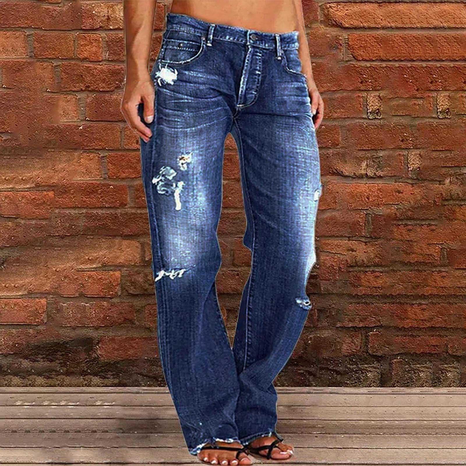 

Women s High Waist Straight Loose Lace Stretch Lightweight Fashion Jeans L синій