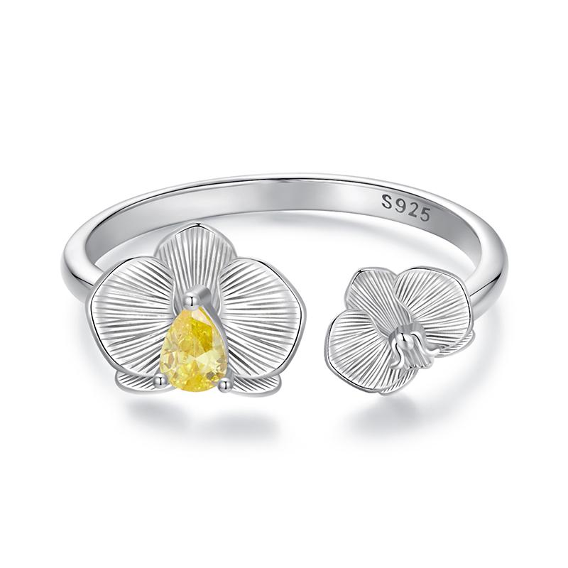 WOSTU 925 Silver Yellow Zircon Flower Open Ring Citrine Stud Earrings For Women Wedding Jewelry Set Girl Mom's Birthday Gift
