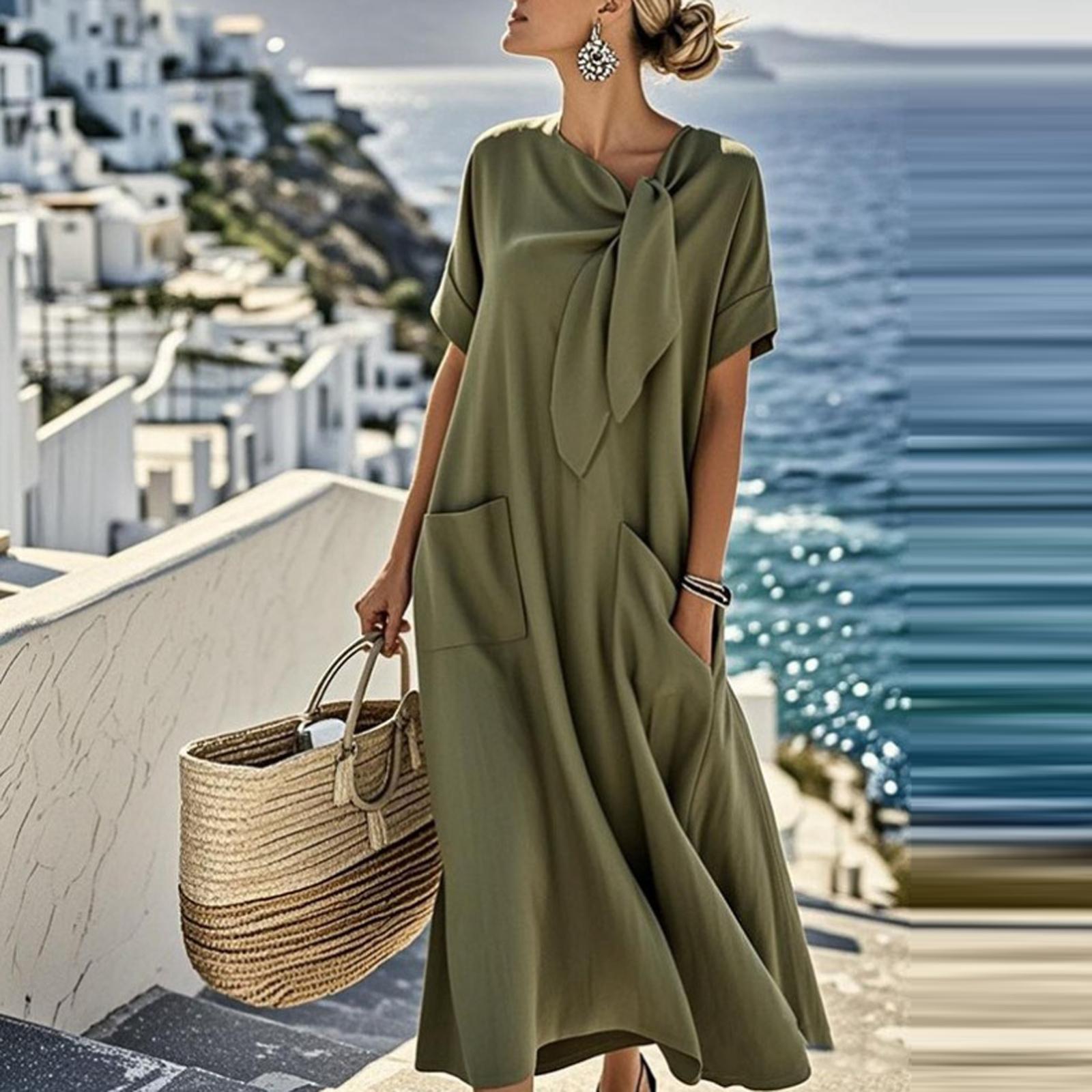 Womens Summer Dress Short Sleeve V Neck Ruffle Casual Loose Long Dresses L