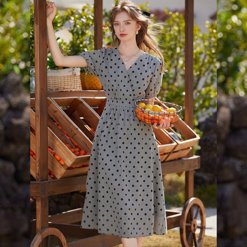 Bailuyu Women s V-Neck Polka Dot Puff Sleeve Long Dress S