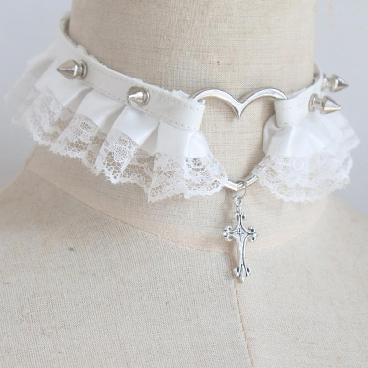 Heart Lace Crossed Pendant Choker Necklace Leather Chocker Halloween Choker Statement Jewelry for Girl Cosplay
