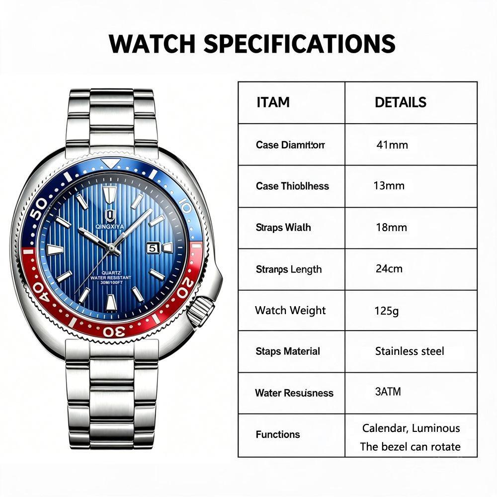 Business Mens Analog Watches Wateproof Diving Watch Luminous Dial Steel Band Daily Calendar Quartz Watch