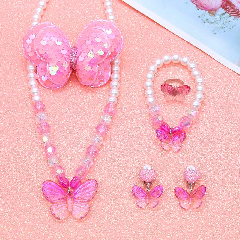 Prinzessinnen Schmuckset für Mädchen: Süßes Cartoon-Schmetterlings-Halskette, Choker, Ohrringe & Ring