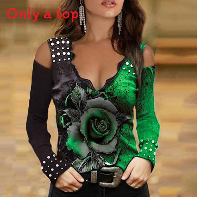 Spring V Neck T Shirt With Lace And Flower Print For Elegant Office Wear