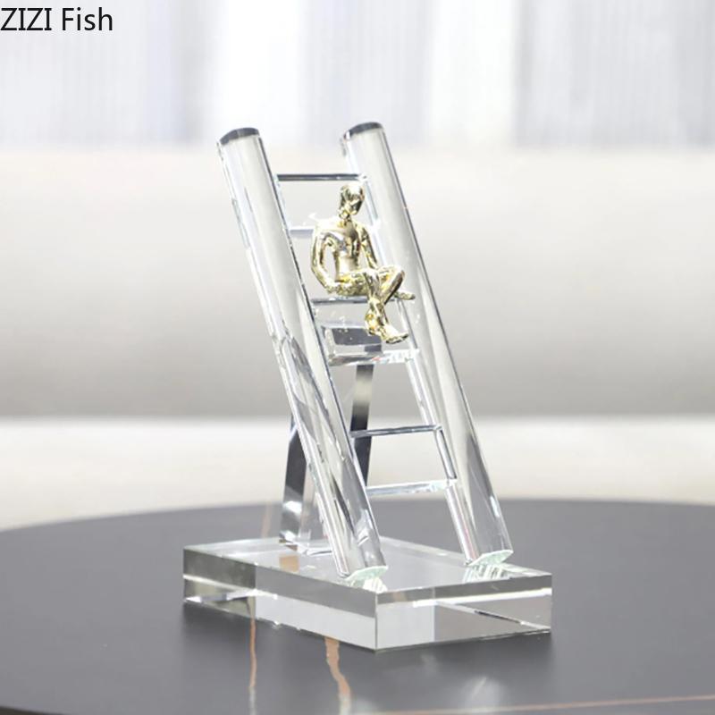 Crystal Staircase Golden Figures Statue Desk Decoration Creative Climbing Stairs Characters Resin Sculpture Room Aesthetic Decor
