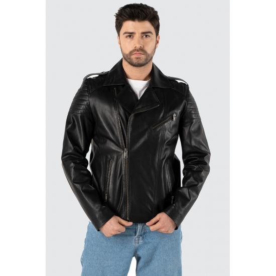 

Мужские куртки Massimo Genuine Leather Biker Black Jacket Slim Fit