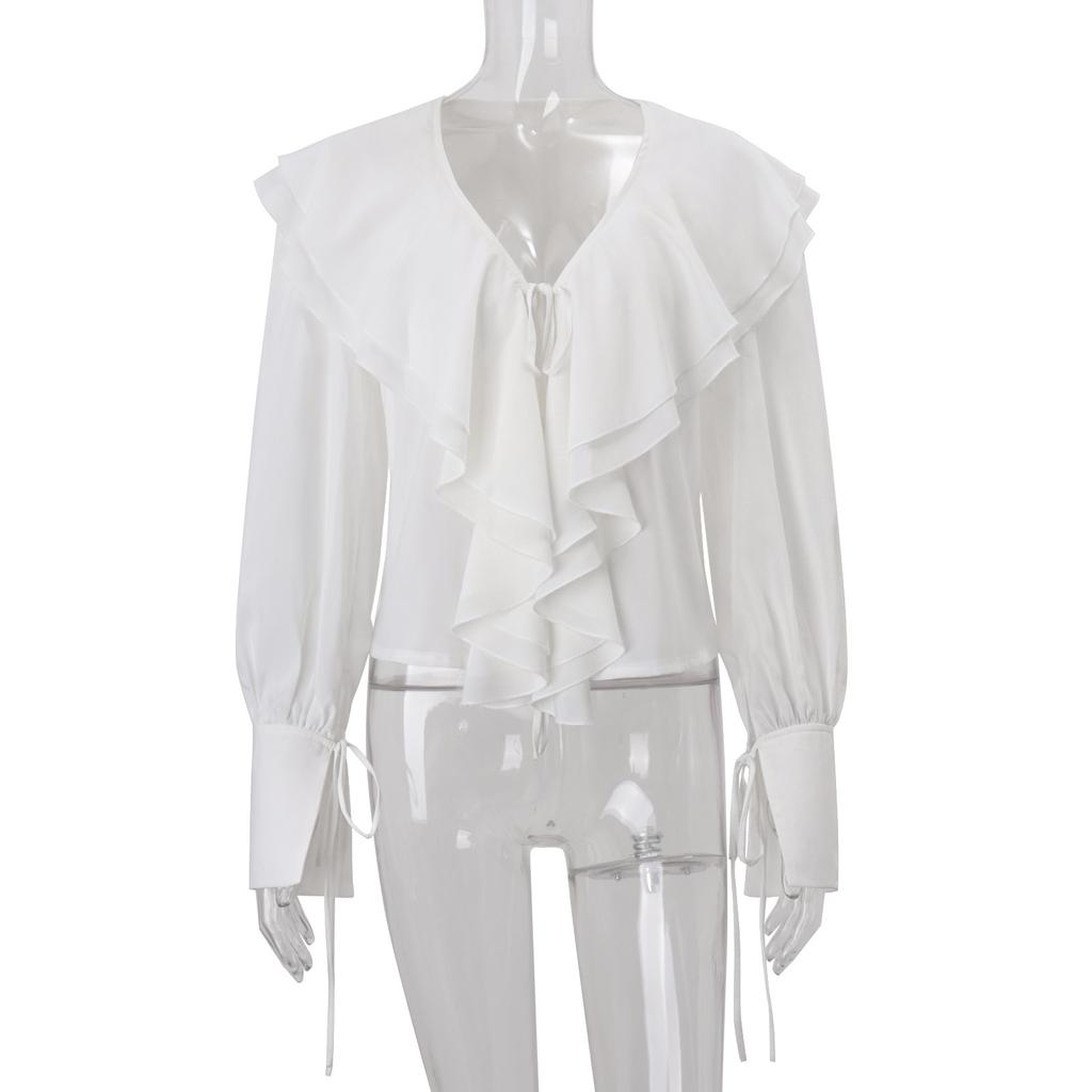 European and American women's clothing summer new fashion temperament sexy chiffon ruffle edge lace-up lantern sleeve cardigan top