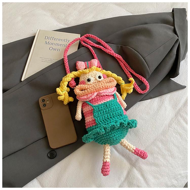 Cartoon Plush Woolen Phone Bag For Women With Knit Design And Shoulder Strap