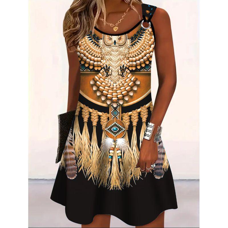 

and American Cross-Border Export Spring and Summer Cool GIRL S Suspender Skirt 3D Digital Western Region Ethnic Pattern Comfortable Dress Ethnic Style Black L (Waist 92)