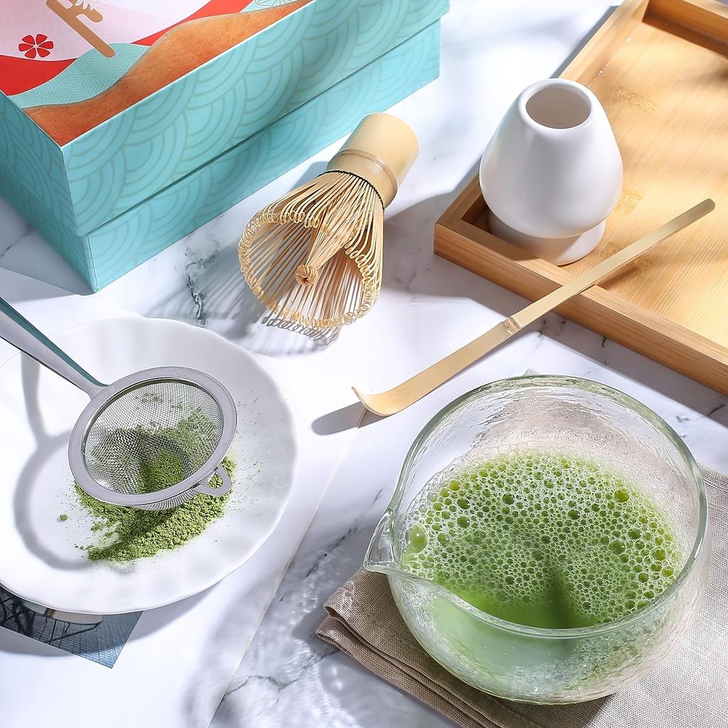 Lot de 5 cuillères à matcha, Chasen Chashaku, bol à matcha en verre texturé avec bec verseur - Chawan de cérémonie du thé vert matcha fait main de style japonais