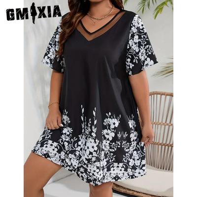 Damen Übergröße Locker Bequem Lässig Positionierungsdruck Mesh Kurzarmkleid