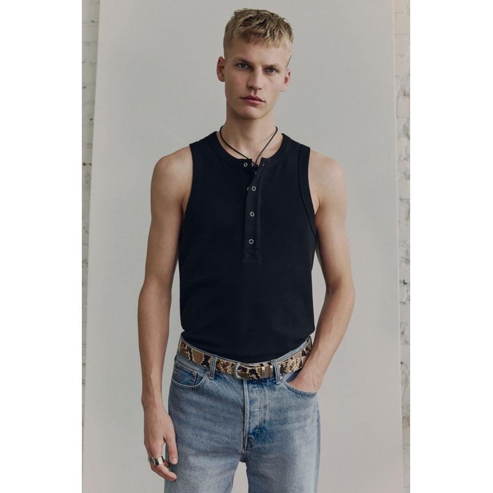H M Ribbed Sleeveless Henley Top Black