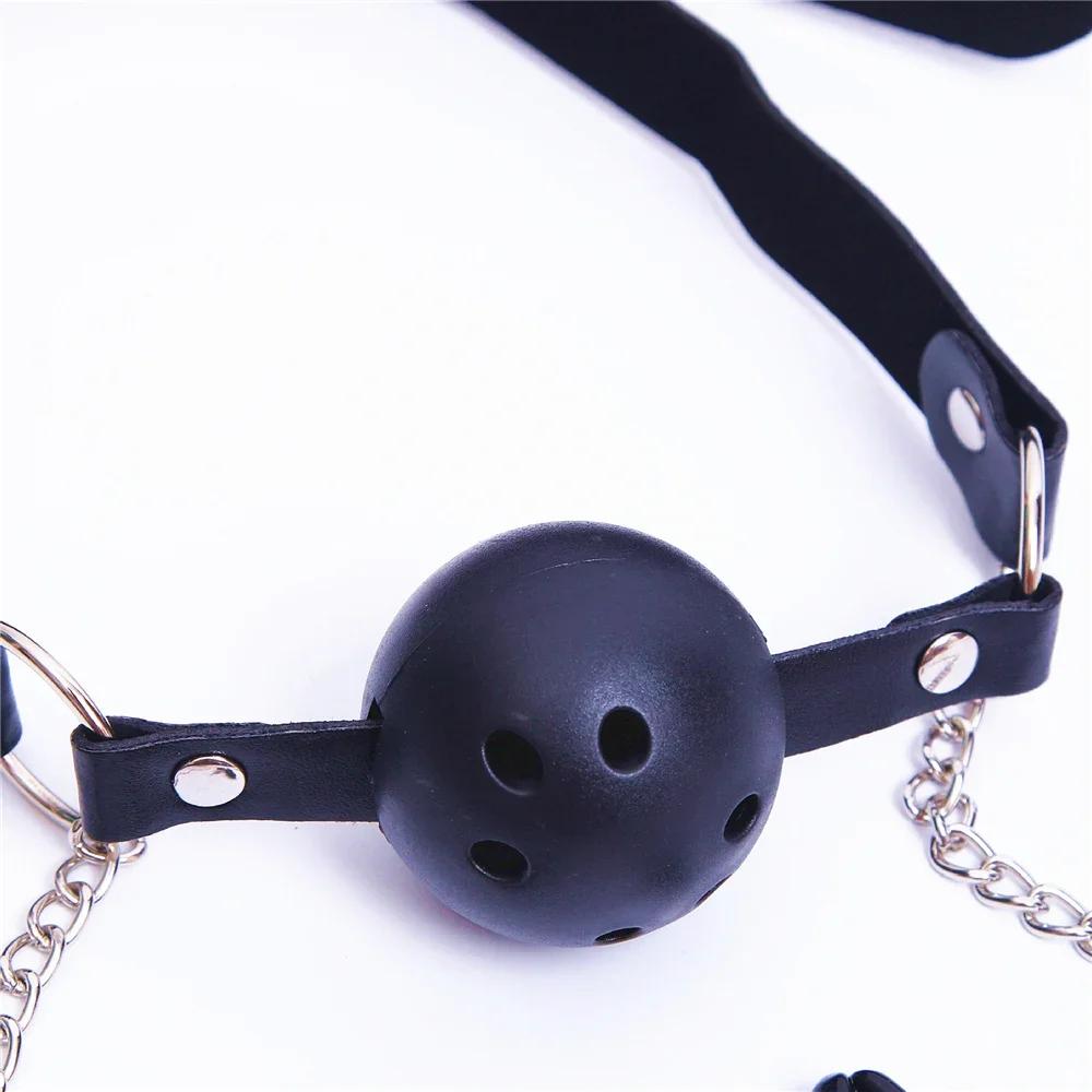 Erotic Toy PU Leather Mouth Gag Ball Oral Sex with Chain Clip Breast Nipple Clamps Fetish Bondage Harness Sex Toys Adult Games