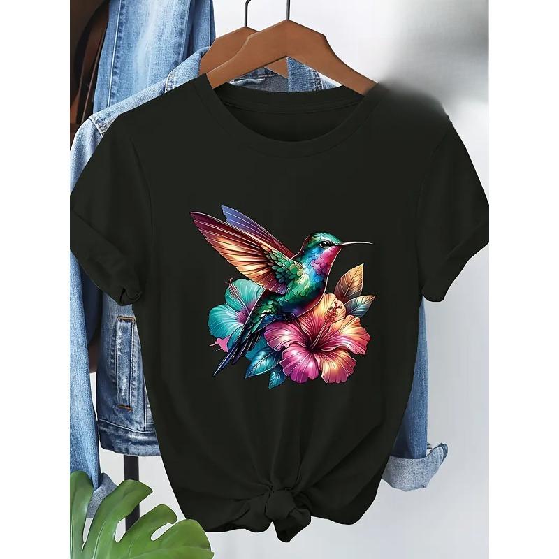 European Sizes Floral Hummingbird Print T-Shirt Short Sleeve Round Neck Casual Top, Regular Length, All-Season Wear, Women's
