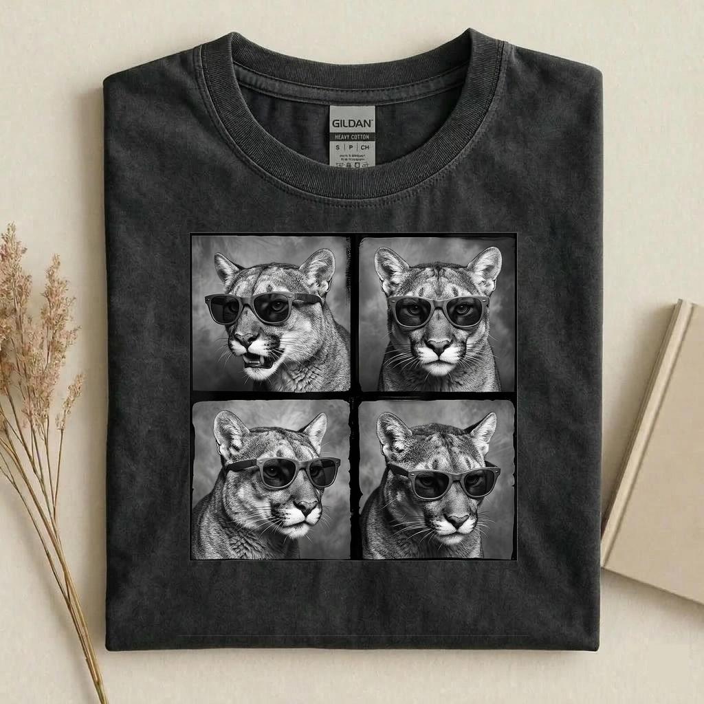 Cool Cougar Sunglasses Shirt, Funny Mountain Lion Graphic Tee, Black and White Animal T-Shirt, Wildlife Lover Gift