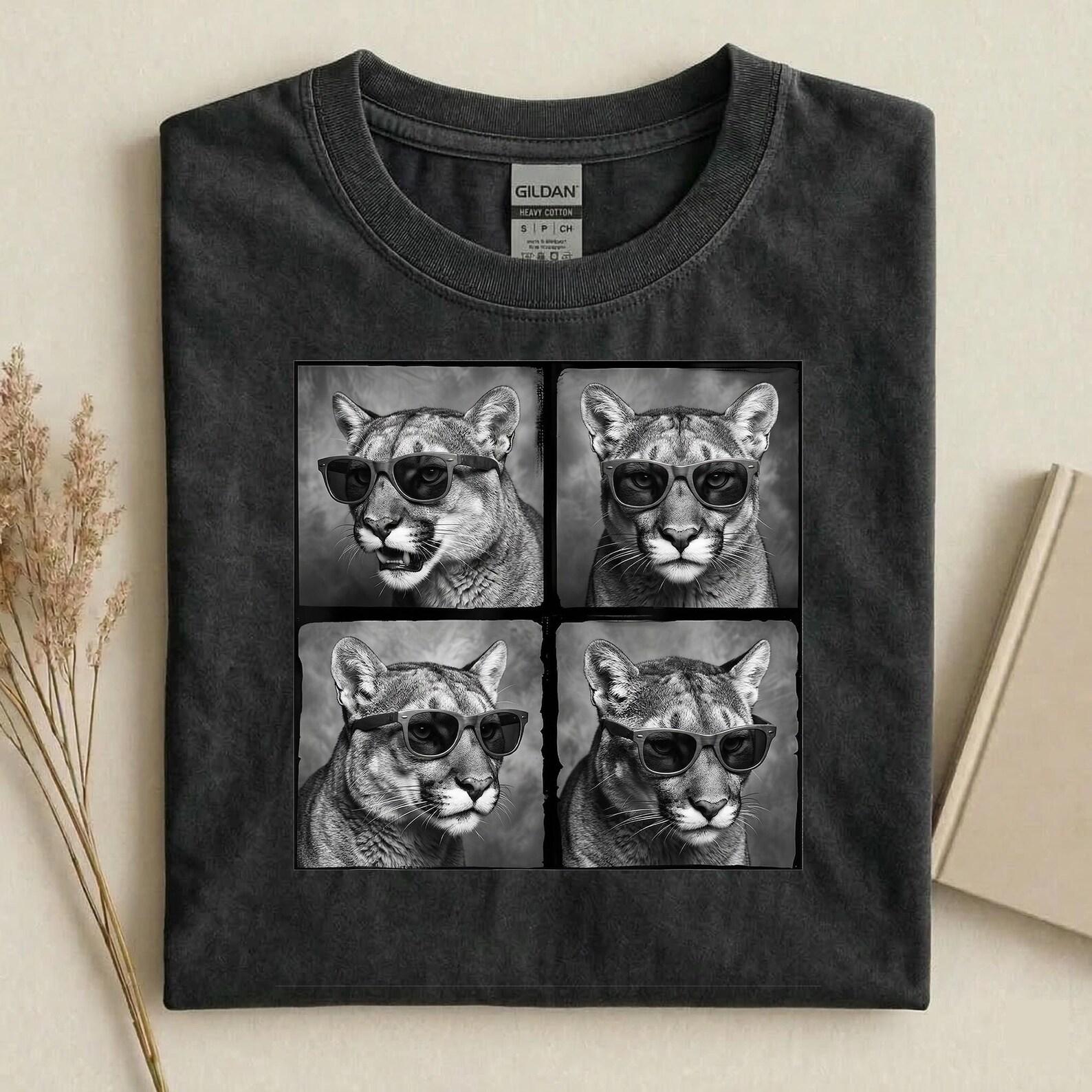 Cool Cougar Sunglasses Shirt, Funny Mountain Lion Graphic Tee, Black and White Animal T-Shirt, Wildlife Lover Gift 2XL