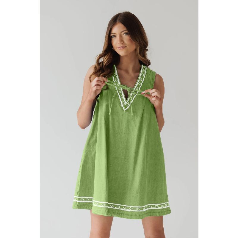 QICED Fashion Summer Spring Solid Color Print Sleeveless V-Neck Casual Dresses