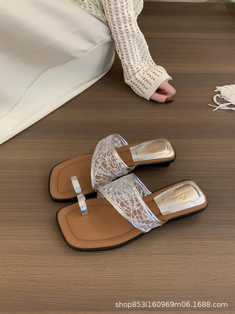 

Soft-bottomed mesh Roman slippers women s 2025 summer new one-word belt casual with skirt open-toed cool slippers women 42 серебряный