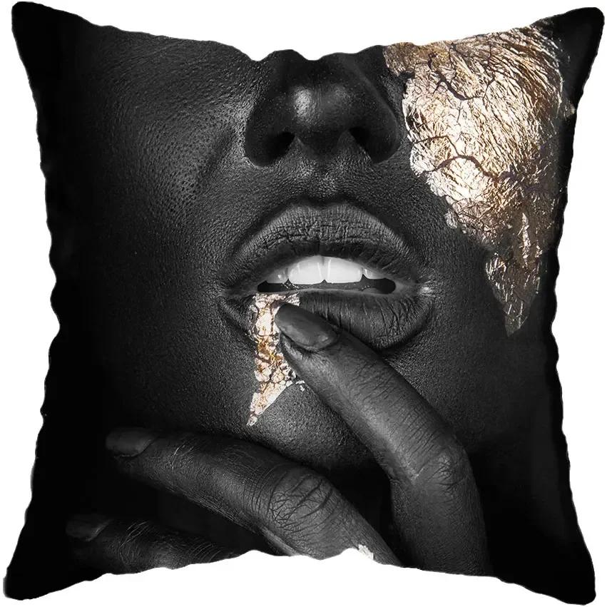 Modern Living Room Black Gold African Lady Woman Style Look Art Deco Sofa Pillowcase Cushion Cover